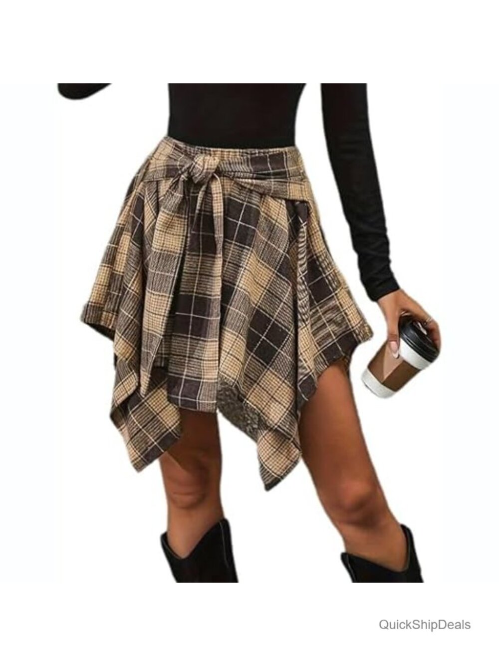 High Waisted Asymmetrical Hem Plaid Mini Skirt